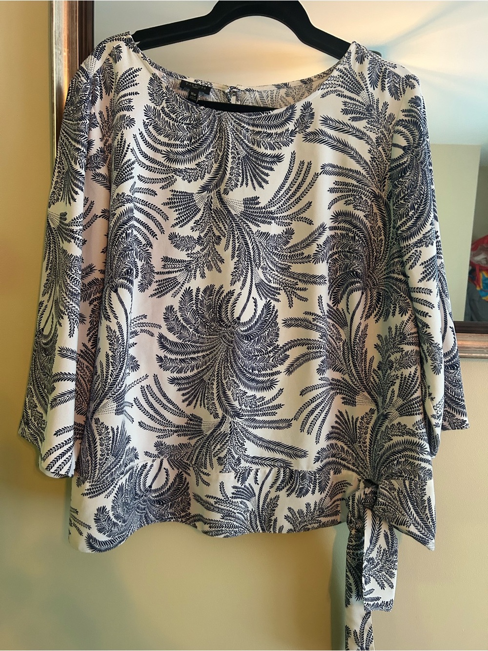 Talbots White & Black Botanical Tie-Hem Blouse